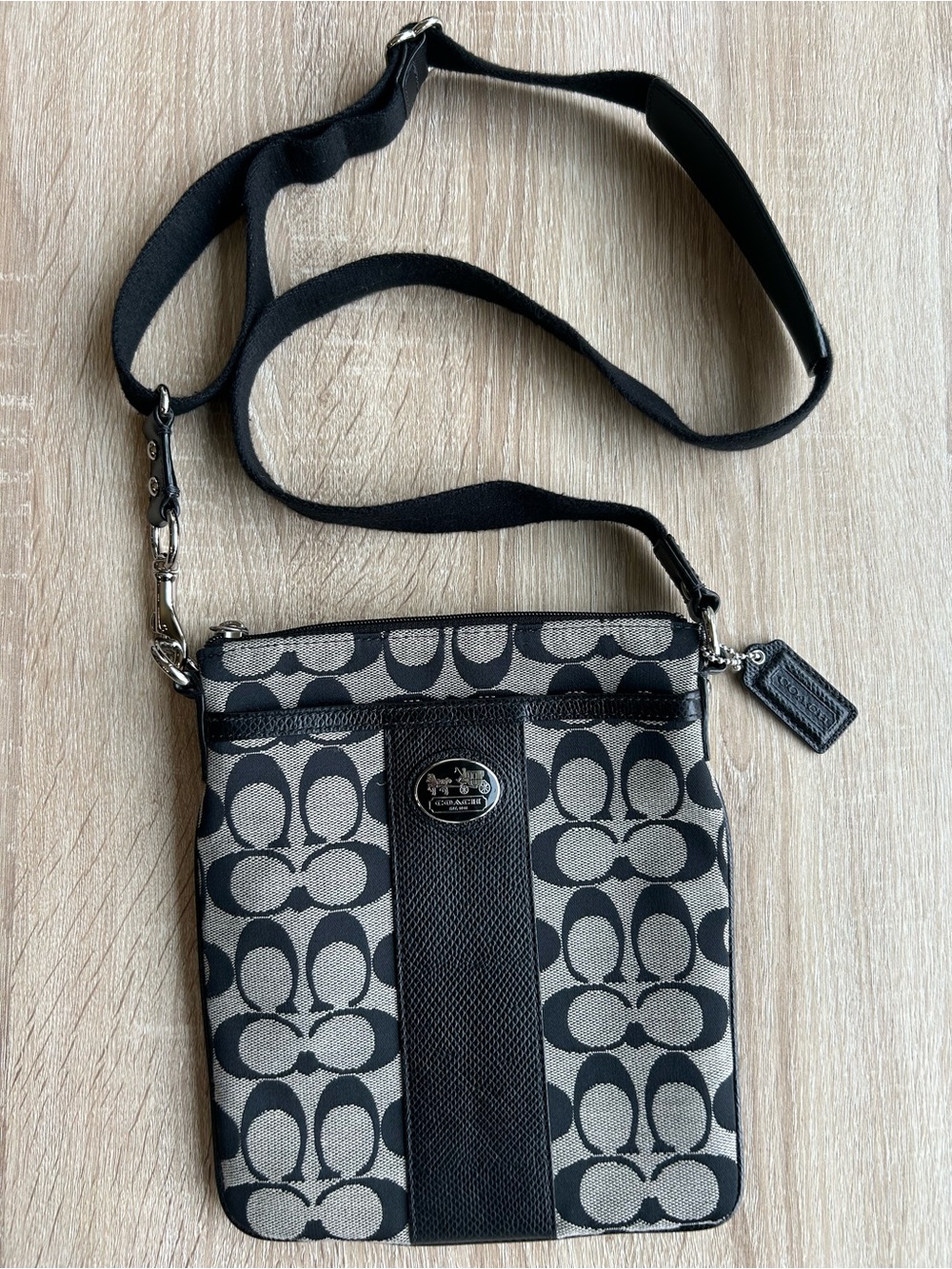 Coach Black & Gray Signature Mini Crossbody with Leather Tag